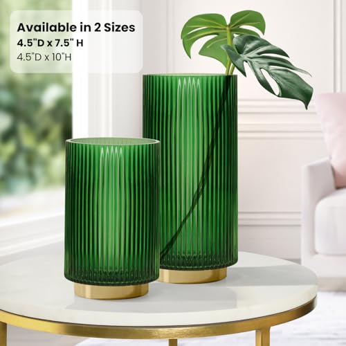 Torre & Tagus Adele Vaso de vidro verde esmeralda com base de metal dourado - Vaso cilíndrico de vid