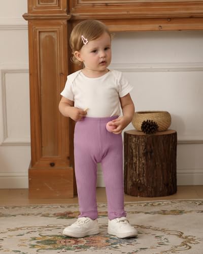5 Pack Baby Girl Pants: Infant Solid Ribbed Pants Soft Cotton Pull On Leggings for Toddler 0-48 Months3