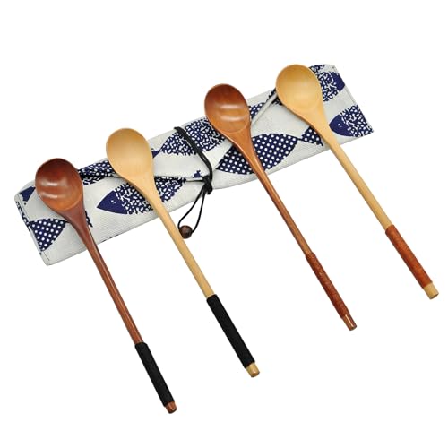 4 pièces en bois naturel café Cuillère à long manche en bois cuillère à mélange (cuillères)