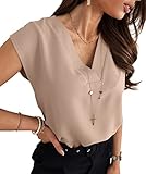 Lynwitkui Women's V Neck Chiffon Blouses Cap Sleeve Shirts Casual Loose Work Office Solid Tops Khaki
