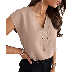 Lynwitkui Women’s V Neck Chiffon Blouses Cap Sleeve Shirts Casual Loose Work Office Solid Tops