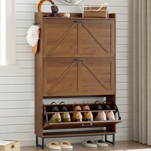 Image of BORNOON Shoe Cabinet with 3 Flip Drawers Narrow Shoe Storage Cabinet Organizer Wooden Freestanding Shoe Rack Hidden Slim Shoes Storage Cabinet for Entryway, Hallway, Living Room, Bedroom