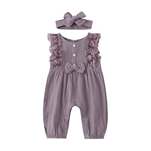 Generisch Traje de baño deportivo para mujer, bebé, niña, algodón y lino de encaje, 1 pieza, mameluco para bebé, morado, 18-24 meses