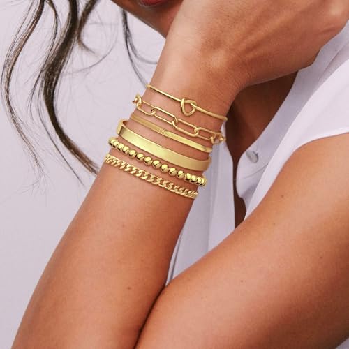Gold Bracelets for Women, 14K Gold Plated Chunky Stackable Bracelet Set, Dainty Paperclip Chain Cuban Link Layered Non Tarnish Trendy Gold Bracelets Stack for Women3