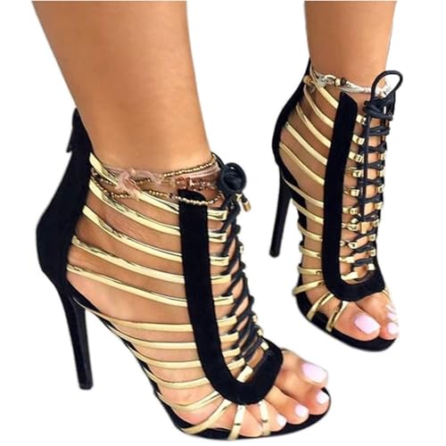 Hinyyrin Gladiator Heels for Women Sexy Lace Up Stiletto Sandals Gold Strappy Cage Heels Dressy Party Club Shoes with Zipper, Black Size 8 by Hinyyrin - Used condition - Image 2
