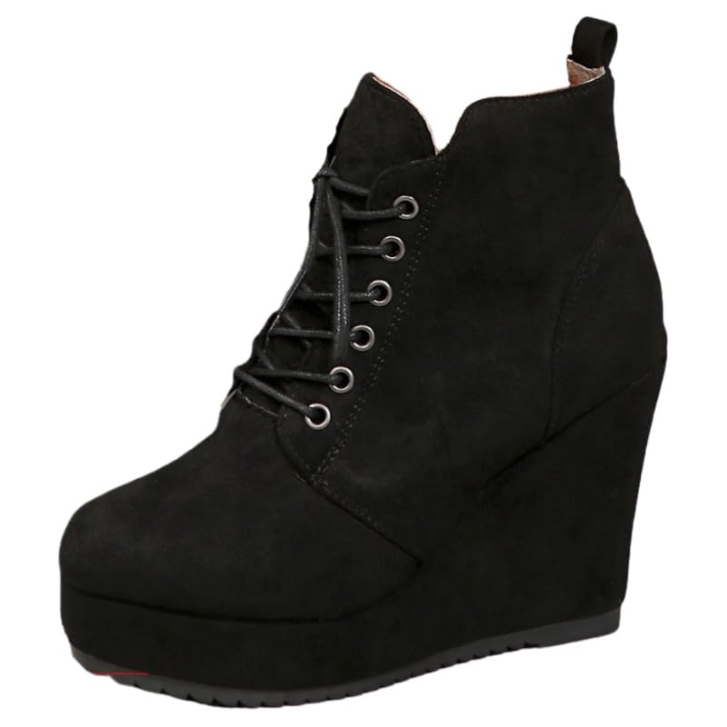 Large size round toe platform heel thick and warm lace-up Womens short boots anti-slip and durable fashionable and