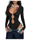SHENHE Women's Sexy Plunge Deep V Neck Bodysuit O Ring Long Sleeve Y2k Going Out Bodysuit Shirt Black Medium