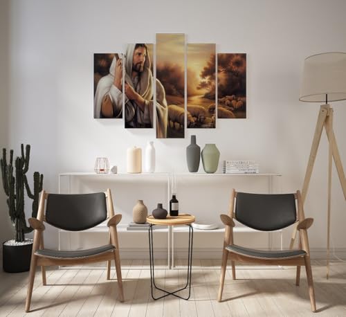 Quadro Decorativo Multi Painel com Jesus Cristo, 5 Peças - Decoração Elegante para Ambientes