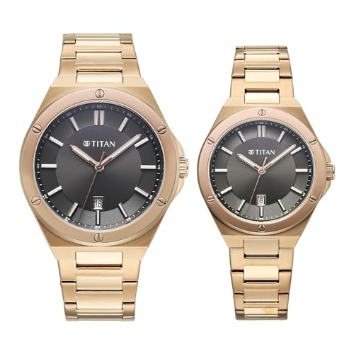 Image of Titan Modern Bandhan Pair Analog with Black Dial Carnation Gold Stainless Steel Strap Watch for Couples - 9401694216WM01