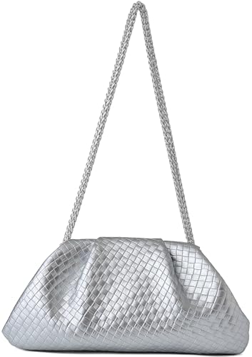 Image of Women's Woven Evening Bag Ruched Dumpling Clutch Purse Detachable Chain Crossbody Bag