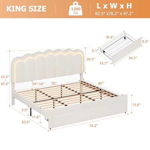 King Upholstered LED Bed Frame with 2 Storage Drawers and Adjustable Chic Double Wavy Headboard, Velvet Princess Platform Bed with Charing Station, Solid Wood Slats Support, No Box Spring Needed,Beige