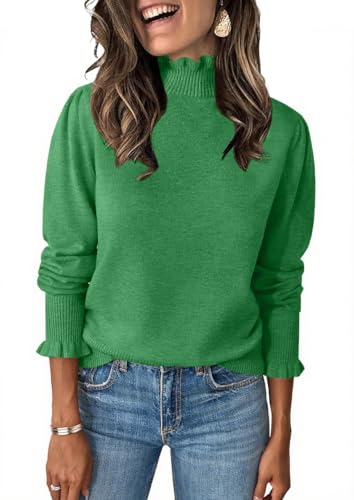 Image of Womens Ruffle Mock Neck Sweater Puff Long Sleeve Fall Trendy Pullover Tops | Fall Winter Clothes, Soft, Business Casual Outfits, Trendy Fashion, Knitted Shirts