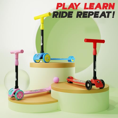 Image of Konex Kick Scooter for Kids (2+ Years) | 3 Broad Rubber Wheels for Smooth Ride | 4-Level Height Adjustable Handle | Foldable & Portable with Back Brake | Holds Up to 40 kg (Red-Black)
