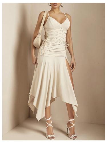 MakeMeChic Women's Ruched Split Thigh Midi Skirt Ruffle Asymmetrical Hem Summer Skirts2