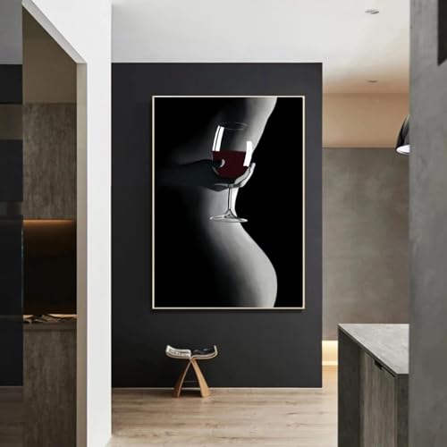 Peinture noir et blanc femme nue et verre à vin - Toile sexy de 40x60cm pour salon