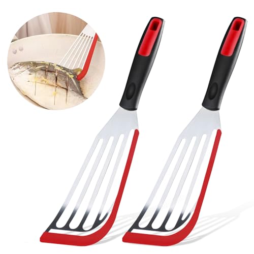 Espátulas para pescado VLYX (paquete de 2) - Acero inoxidable con puntas de silicona, diseño de ranuras finas para sartenes antiadherentes, utensilio de cocina resistente al calor para huevos