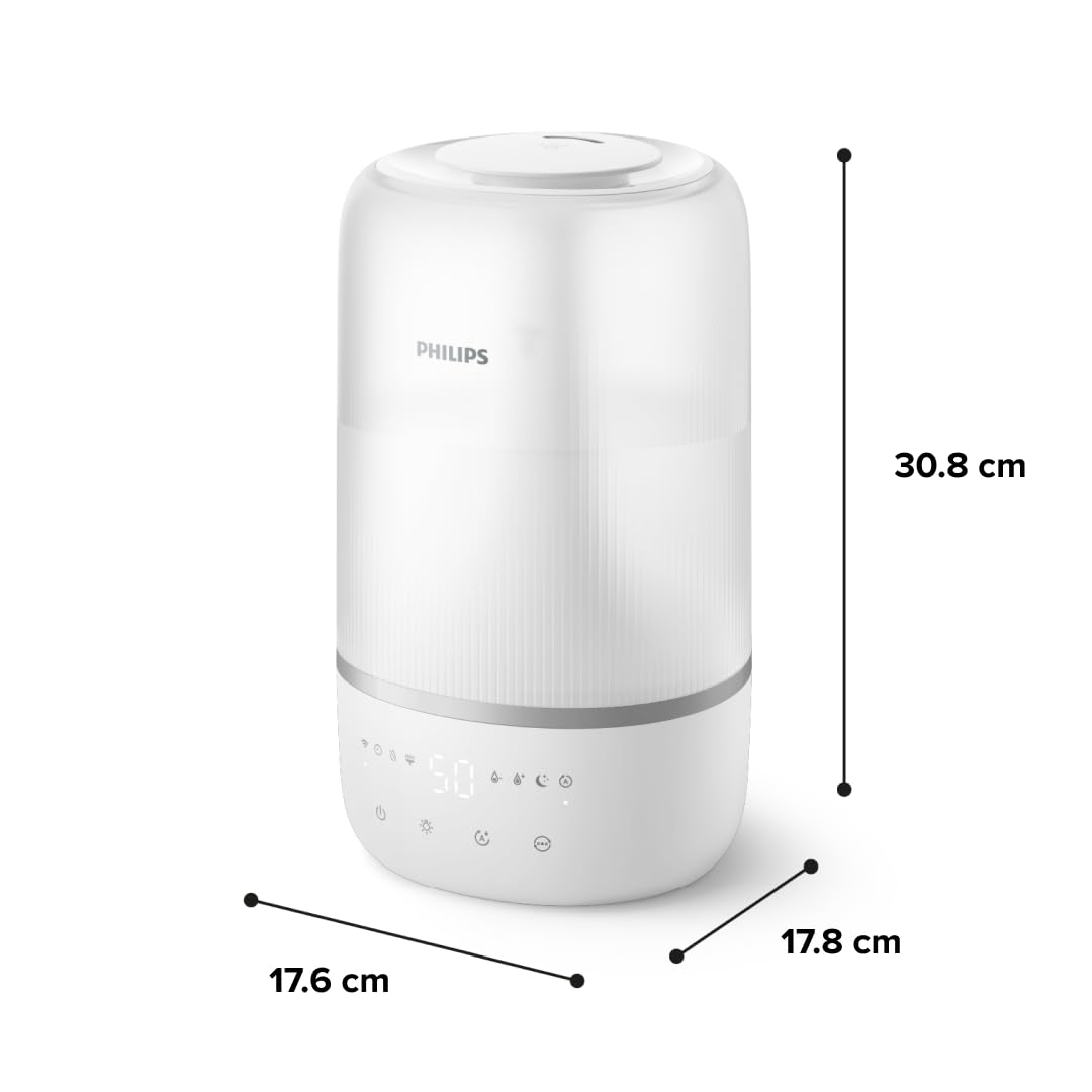 Philips Humidificateur intelligent - Compact mais puissant avec Sky High Mist, jusqu'à 32 heures d'autonomie, silencieux avec réglage du sommeil et veilleuse, pour jusqu'à 38 m² (HU1509/00)