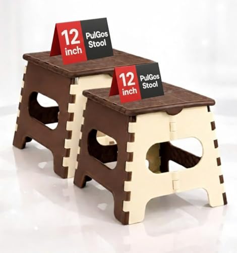 Image of PulGos Set-2, 12-Inch Super Strong Folding Step Stool for Adults & Kids - Foldable Sitting Stool for Home, Kitchen, Garden, Travel - Durable Plastic Feces for Home Use (Brown, White)