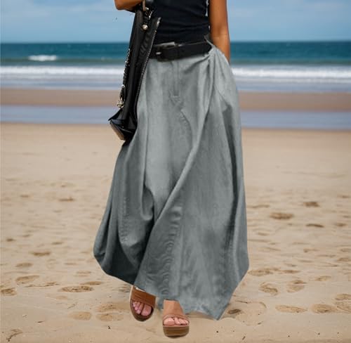 Women Baggy Cotton Linen Maxi Skirt Casual Loose High Waisted A Line Ruched Flowy Beach Skirt with Pocket2