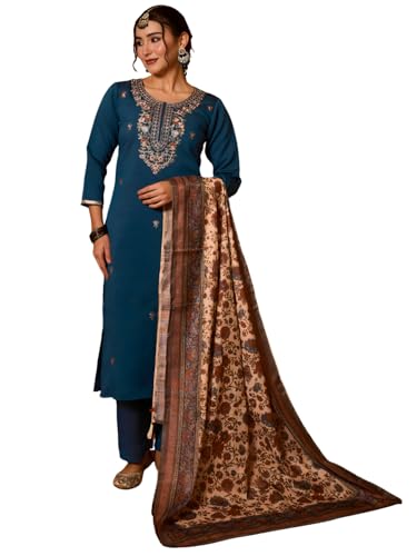 Image of Naixa Women's Silk Embroidery Straight Kurta with Pant | Cream Chanderi Cotton Printed Dupatta Set | 3 /4 Sleeve | Round Neck | Festive | Ethnic Wear (Available in Plus Size)