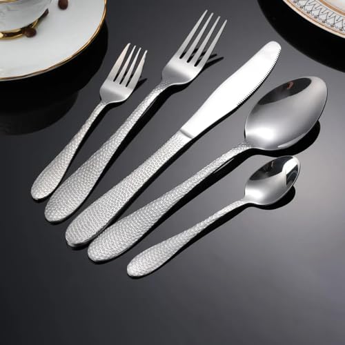 Image of Hammered Sterling Silver Silverware Set | 20-Piece Premium Stainless Steel Flatware Set | Dishwasher Safe Cutlery Set for Home, Restaurant & Gifting