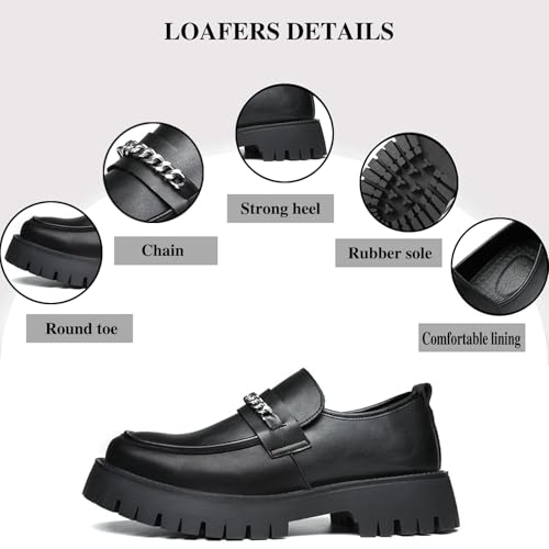 Men's Leather Chain Round Toe Chunky Heel Platform Loafers,Fashion Comfortable Slip On Lug Sole Business Dress Shoes4