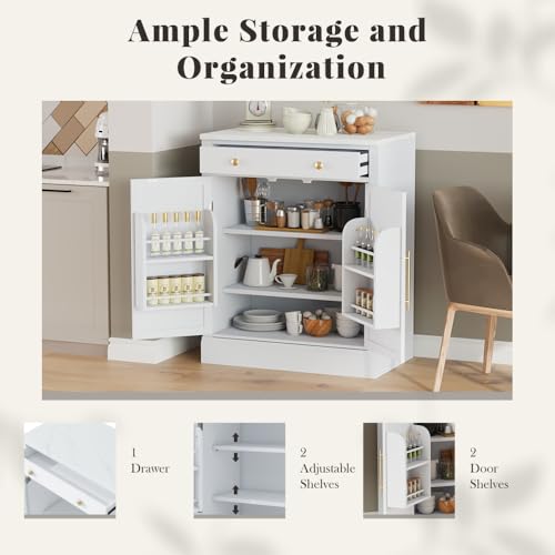 Image of Modern Freestanding Kitchen Pantry,Buffet Food Storage, Coffee Bar Cabinet with Drawer, 2 Adjustable Shelves and 2 Door Shelves for Dining, Kitchen, White (White + MDF + Farmhouse)