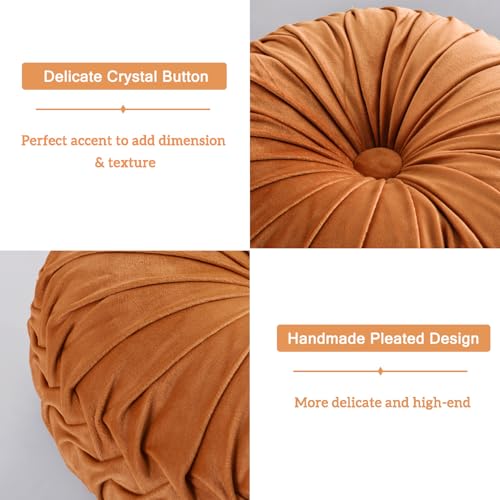 Image of HIG Set of 2 Decorative Round Pleated Throw Pillows, Classy Accent Pumpkin Throw Pillows with Center Button, Vintage Velvet Floor Pillows for Sofa Vanity Chair Bed, Rust, 14.5 inch Diameter(Ripple)