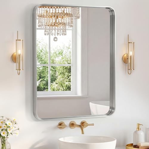 Image of Sweetcrispy Bathroom Mirror 36x28 Inch Metal Framed Rounded Rectangle Vanity Mirror for Wall, Over Sink, Farmhouse, Restroom, Anti-Rust, Modern Decorative, Horizontal or Vertical Hanging, Silver