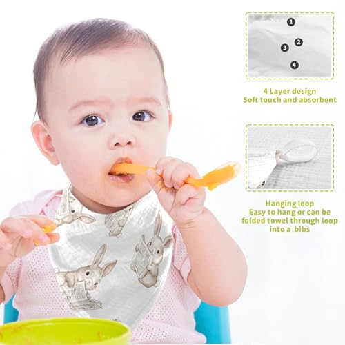Image of vvfelixl Bunny Reading Newspapers Baby Burp Cloths Baby Muslin Washcloths for Boys Girls Cotton Babys Face Towel for Newborn Infants Soft and Absorbent 11.8 X 11.8 in, 5 Pack