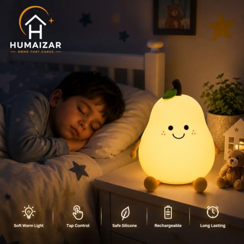Image of HUMAIZAR KHIZAR Kawaii Pear Silicone Night Light - Cute Rechargeable LED Lamp for Kids Bedroom, Girls Room, Nursery & Bedside Decor