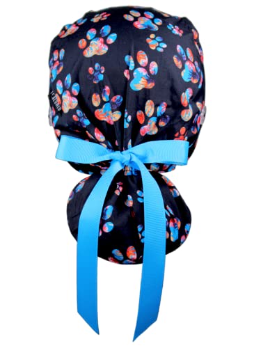 Image of Scrub Cap for Women and Men, Ponytail Scrub Caps, Working Hat, Head Cover with Ribbon Ties and Buttons, Long Hair