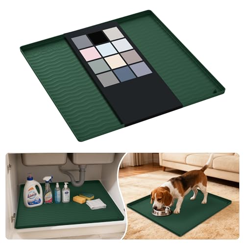 Image of URMONA Waterproof Silicone Under Sink Mat 22'' x 22'' Shelf Liner for Kitchen and Bathroom, Cabinet and Counter Protector, Storage and Organizers, Litter Mat, Pet Cat Puppy Essentials(Green)
