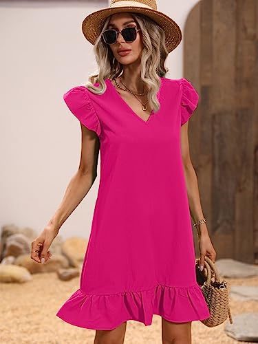 Image of SOLY HUX Summer Dresses for Women V Neck Cap Sleeve Ruffle Hem Smock Short Dress