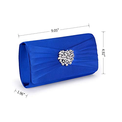 Image of Evening Bags For Women Pleated Satin Rhinestone Brooch Prom Clutch Purse With Detachable Chain Strap