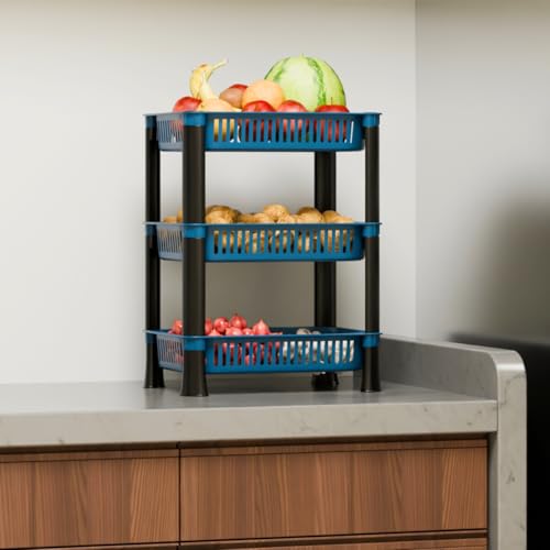 Image of Multipurpose Foldable Plastic Storage Rack Basket Stand for Home, Office and Kitchen (Blue, 3 Layer)