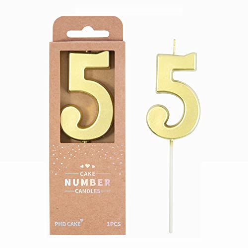 PHD CAKE 2.76 Inch Modern Gold 5 Number Birthday Candles, Gold Number Candles, Cake Number Candles, Party Celebration