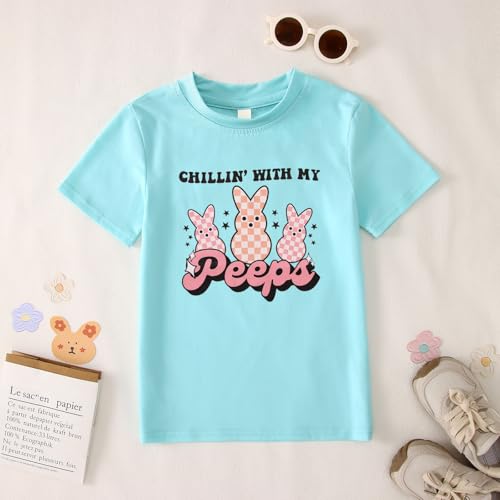 Image of CM C&M WODRO Kid Girl Easter Bunny T-Shirt Chillin' with My Peeps Shirt Short Sleeve Funny Happy Easter Graphic Tees Tops