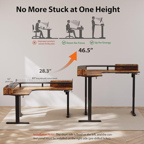 Image of Agilestic L Shaped Standing Desk, Corner Desk with Monitor Shelf, Adjustable Height Gaming Table, Sit Stand Up Table, 63 x 55 Inch Home Office Computer Workstation, Splice Board, Rustic Brown