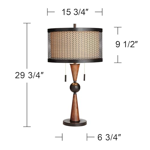 Franklin Iron Works HY17LP0122 Hunter Rustic Farmhouse Table Lamp 29 3/4 Inch Tall Cherry Wood Bronze Metal Outer Tan Fabric Inner Drum Shade thumb #3