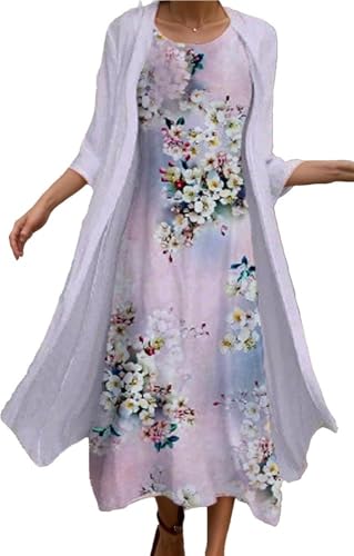 Boho Floral Two Piece Set for Women Crewneck Sleeveless Maxi Dress and Jacket Cardigan Casual Guest Outfit
