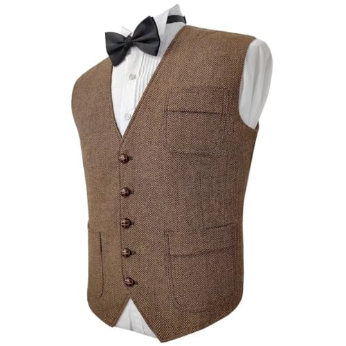 Mens Vintage Tweed Suit Vest V Neck Casual Wool Waistcoat for Wedding Groomsmen Men's Formal Vest4