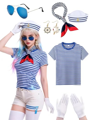 6 Stück Matrosen Kostüm Damen Sailor Costume Women Blau weiß Gestreiftes T-Shirt Matrosenmütze Schal Ohrringe Brille Handschuhe Kapitän Kostüm Damen für Halloween Fasching Karneval Cosplay