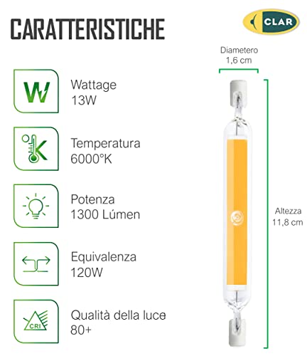 Clar - Lampadina Led R7S 118Mm, 13W (Confezione Da 5) - Alogena Equivalente, Lampada Per Illuminazione - 2