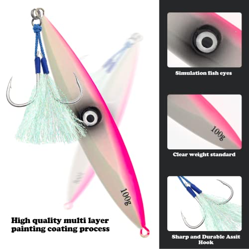 Fregito Fishing Jigs Vertical Saltwater Jigs Vertical Jigging Spoon Fishing Tuna Lures Boat Fishing Artificial Lures For Tuna, Grouper, Dogtooth, Snapper, Bass, Salmon/(3Pcs-100G Luminous With Hook) #TOP1