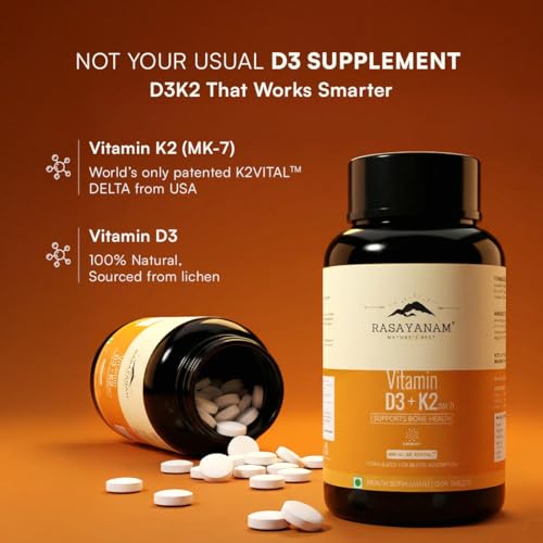 Image of Rasayanam Vitamin D3 + K2 & Vitamin B12 Combo for Daily Deficiency Support | For Energy, Nerve, Bone & Heart Health | 100% RDA, Lab-Tested & Vegetarian | D3+K2 (120 Tablets) + B12 (60 Capsules)