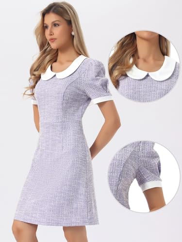 Image of Allegra K Peter Pan Collar Dresses for Women's Plaid Puff Short Sleeve Mini Tweed Dress