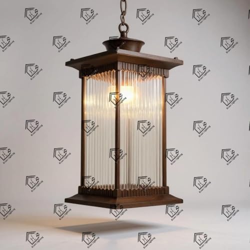 Image of Outdoor Wall Lantern Light, Black Finish, Ribbed Glass Shade and Black Hanging & Gate Light (Half Wall, 1) (Hanging LAMP, 2)