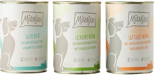 MjAMjAM - Premium Nassfutter für Hunde - Mixpaket I - Huhn & Ente, Rind, Pute, 6er Pack (6 x 400 g), naturbelassen mit extra viel Fleisch