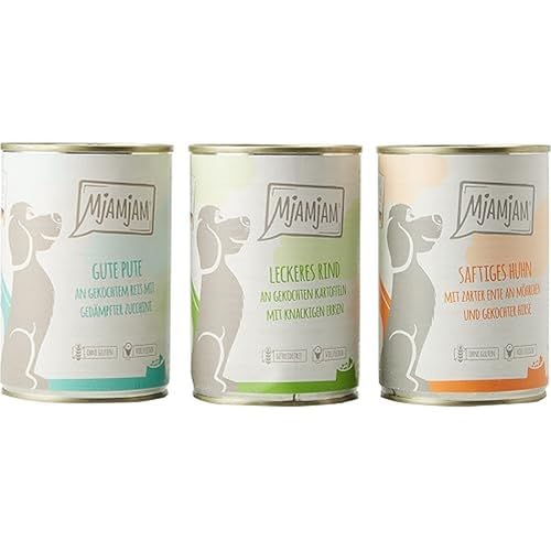 MjAMjAM - Premium Nassfutter für Hunde - Mixpaket 1 - Huhn & Ente, Rind, Pute, 6er Pack (6 x 400 g), getreidefrei mit extra viel Fleisch